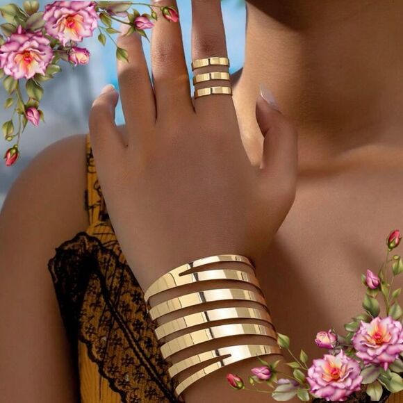 One Geometric Hollow Stripe Bangle And One Hollow Stripe Ring Exaggerated Style - Picture 1 of 7